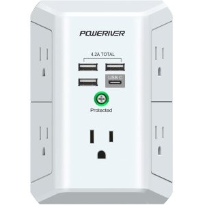 POWERIVER 5*AC交流电+3A1C接口 智能电涌保护墙插/插线板